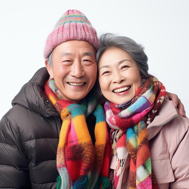Un couple d'aînés asiatiques en vêtements d'hiver en pleine couleur isolés sur un fond blanc ou transparent