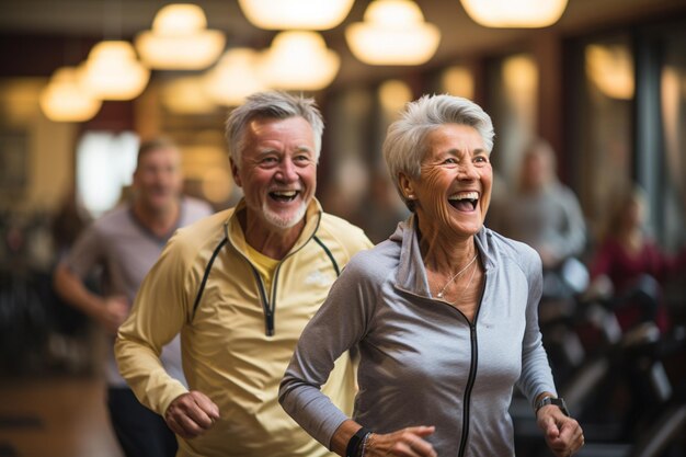 un couple d'aînés faisant de l'exercice au gymnase