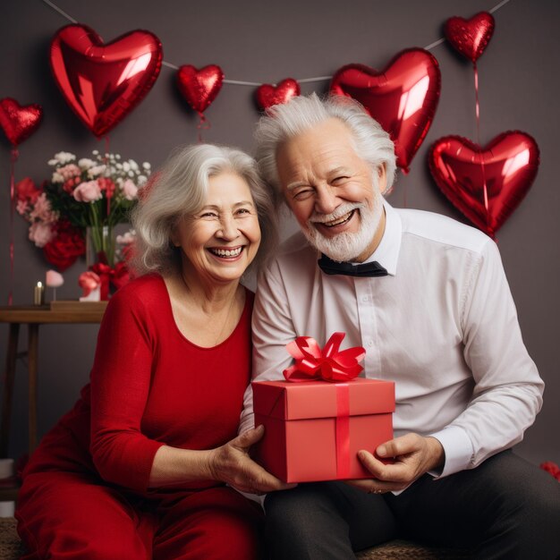 Un couple d'aînés fête la Saint-Valentin avec une boîte à cadeaux.