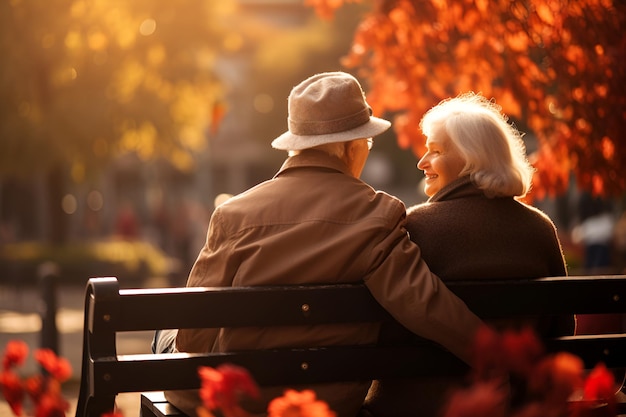 Photo un couple d'aînés heureux assis sur un banc dans un parc de la ville à l'automne doré