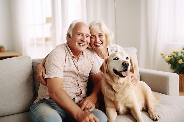 Un couple d'aînés heureux assis avec un chien à la maison