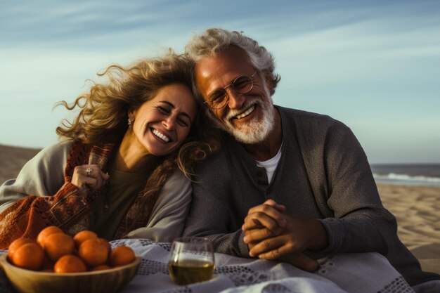 Photo un couple d'aînés heureux faisant un pique-nique sur la plage ils regardent la caméra et sourient ia générative