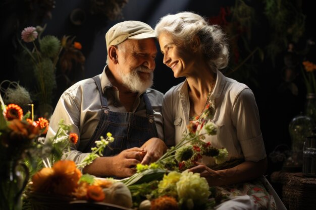 Un couple d'aînés heureux avec des fleurs et des légumes frais.