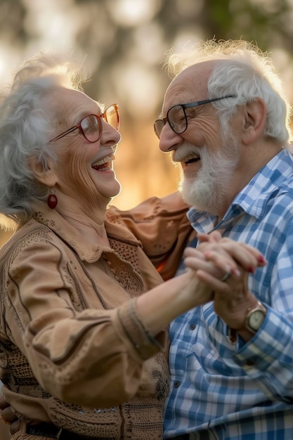 Un couple d'aînés heureux et jeune et actif aiment danser ensemble et s'amuser dans des activités de loisirs en plein air. Des personnes âgées, matures, d'humeur jeune. Un homme et une femme à la retraite dansent dehors et rient d'amour.