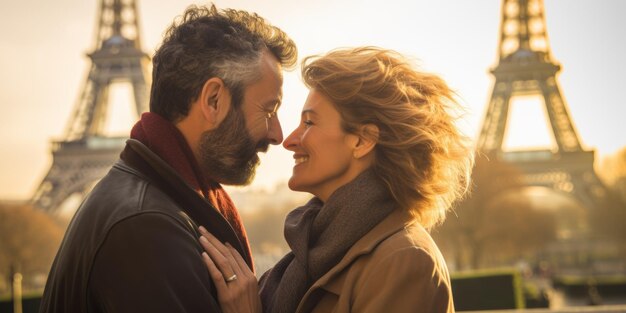 Photo un couple d'aînés heureux en vacances à paris avec la tour eiffel en arrière-plan