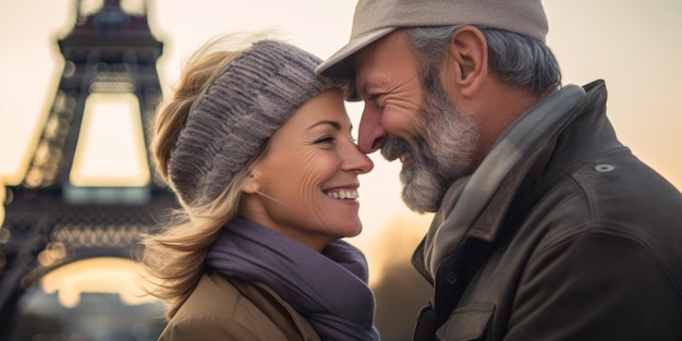 Un couple d'aînés heureux en vacances à Paris avec la tour Eiffel en arrière-plan