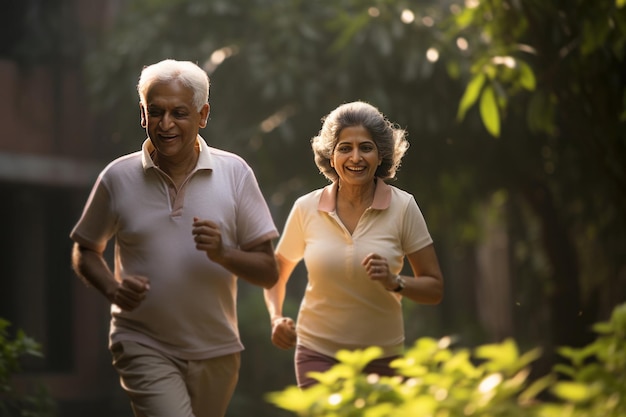 Un couple d'aînés indiens heureux en train de faire du jogging ou de se promener dans le parc.