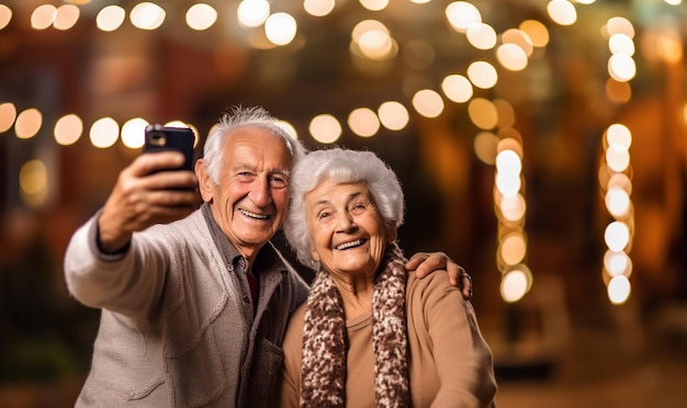 Un couple d'aînés joyeux prenant un selfie sur un smartphone moderne alors qu'ils se tiennent dans la rue.