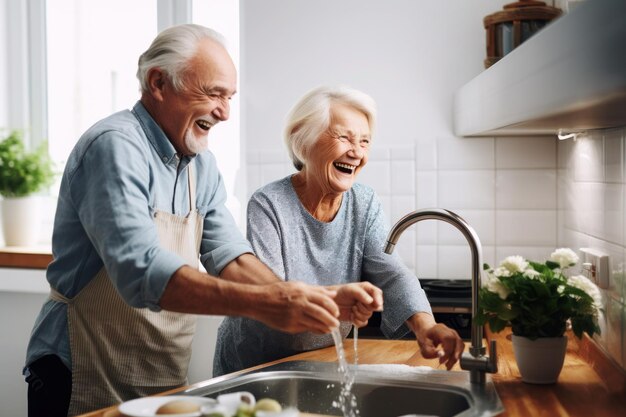 Un couple d'aînés mariés blancs lavent la vaisselle dans la cuisine.