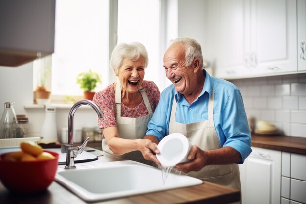 Un couple d'aînés mariés blancs lavent la vaisselle dans la cuisine.