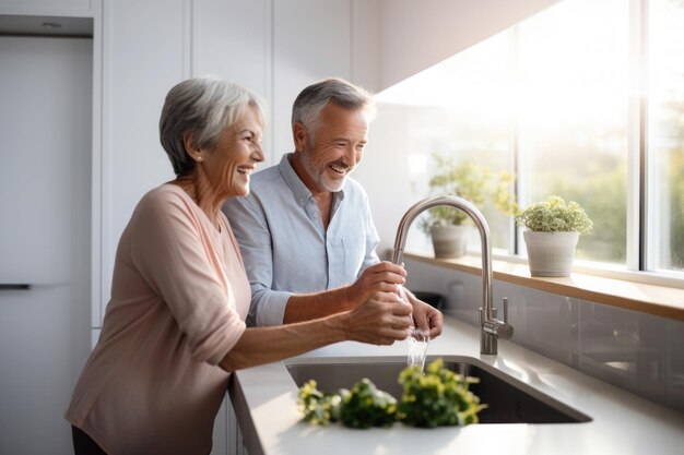 Un couple d'aînés mariés blancs lavent la vaisselle dans la cuisine.