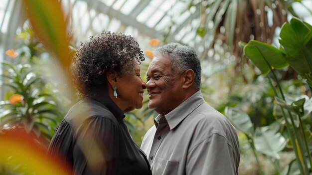 Un couple d'aînés partageant un moment de tendresse dans un jardin botanique luxuriant