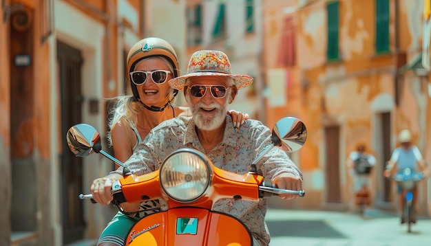 Un couple d'aînés profitant d'une promenade en scooter dans une ville pittoresque thème de voyage et d'aventure