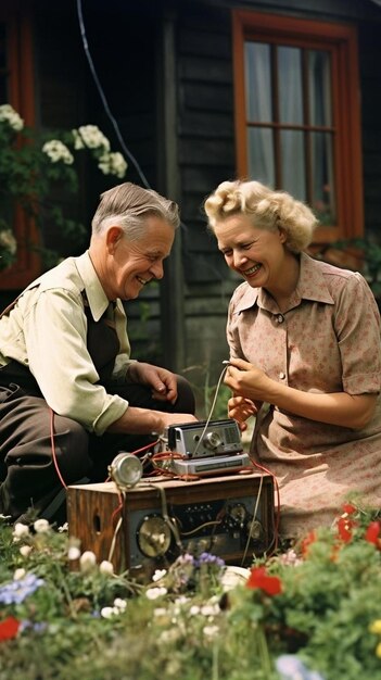 Photo un couple d'aînés répare une radio à l'ancienne dans la cour.