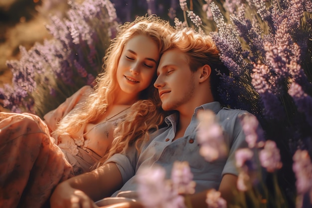 Un couple allongé dans un champ de lavande