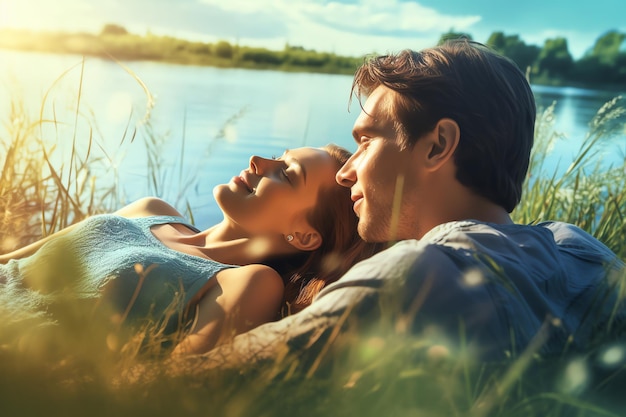 Un couple allongé sur l'herbe devant un lac