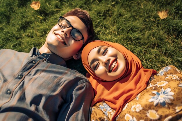 Un couple allongé sur l'herbe