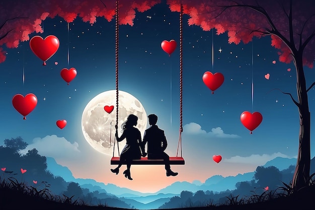 Un couple d'amants de dessins animés est assis sur une balançoire de ballon rouge sur fond de ciel de pleine lune