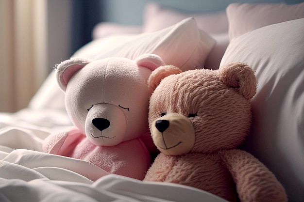 Couple d'amants ours en peluche qui s'embrassent et dorment sur le lit Concept du jour de la Saint-Valentin