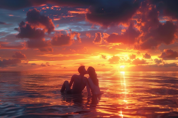 Photo un couple d'amants partageant un baiser romantique au coucher du soleil