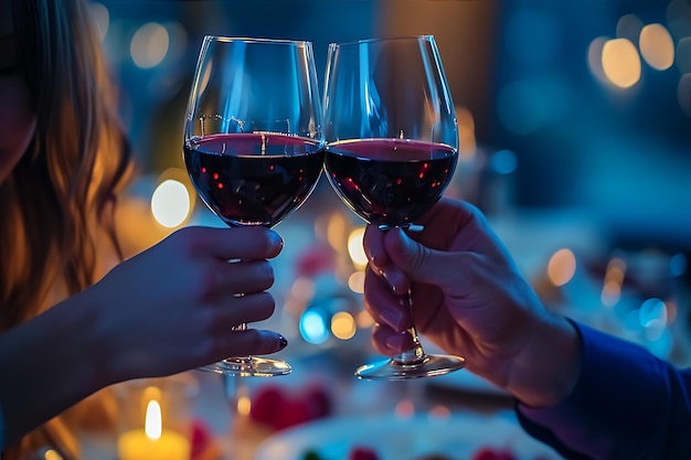 Un couple d'amants prête un toast en tenant des verres de vin