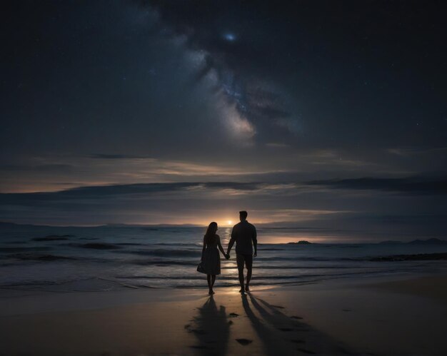 Un couple d'amants en silhouette se promènent sur la plage de sable près de l'océan.