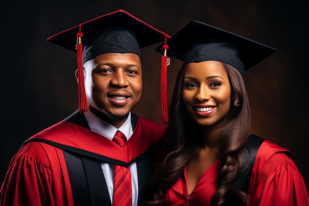 Un couple américain noir joyeux à la remise des diplômes, à l'éducation et au succès.