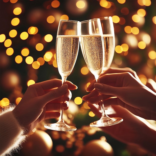 Un couple d'amis en train de faire un toast avec des verres de champagne sur un fond bokeh doré flou