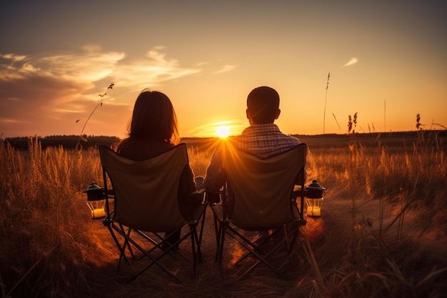 Un couple amoureux assis sur des chaises de camping et appréciant le beau temps