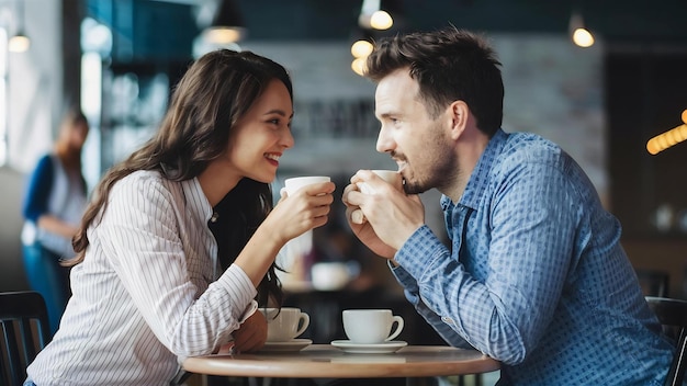 Un couple amoureux assis dans un café buvant du café discutant et profitant du temps passé