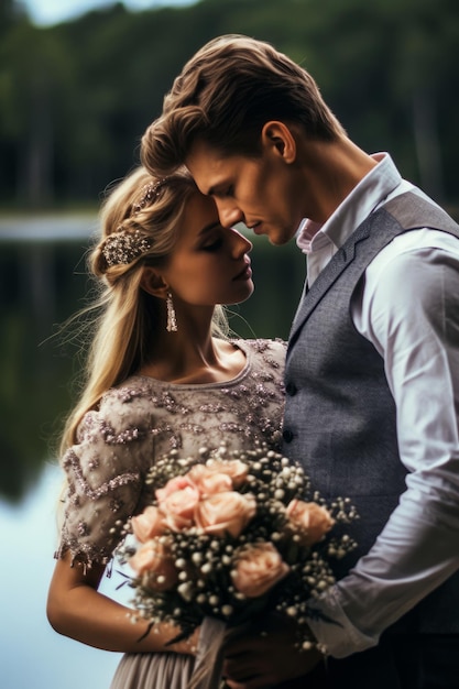 Un couple amoureux d'un bouquet de roses