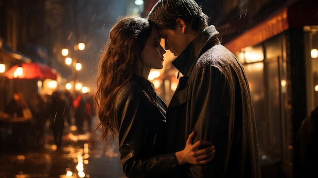 un couple amoureux dans les rues d'une ville européenne la nuit
