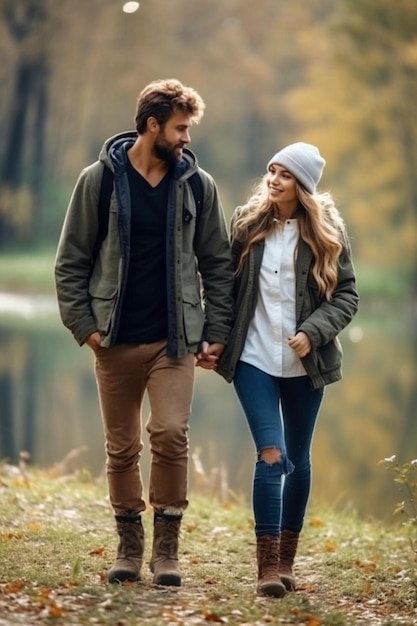 couple amoureux début d'une histoire d'amour un homme et une fille sur la nature tout en marchant