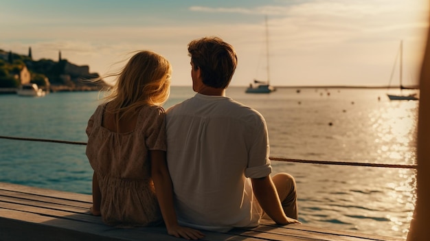 Un couple amoureux est assis sur le quai et regarde la mer.