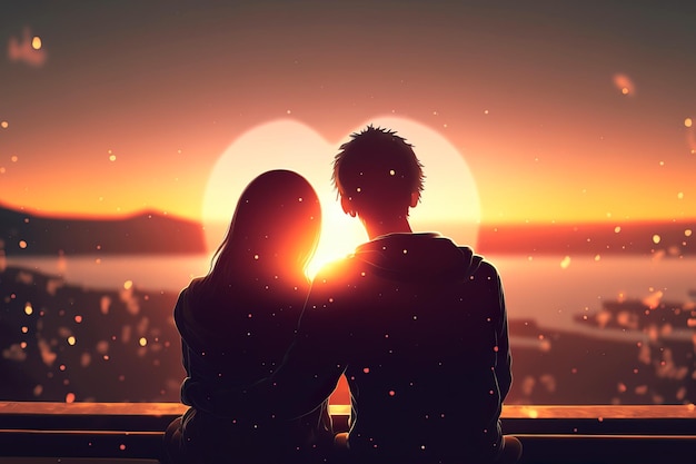 Couple d'amoureux étreignant sur le lac au coucher du soleil Beau jeune couple amoureux