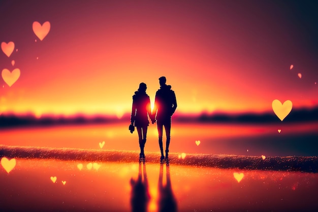 Couple d'amoureux étreignant sur le lac au coucher du soleil Beau jeune couple amoureux