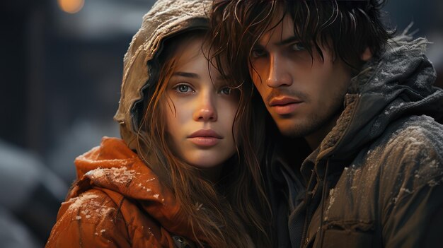 Un couple amoureux, un homme et une femme se tiennent à côté l'un de l'autre dans des vestes chaudes et des capuchons.