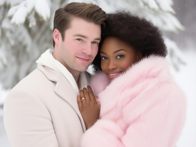 Un couple amoureux interracial profite d'une journée d'hiver romantique