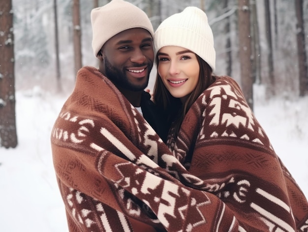 Un couple amoureux interracial profite d'une journée d'hiver romantique