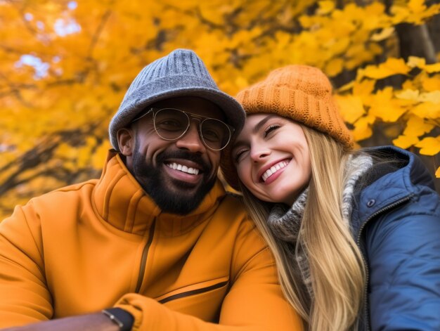 Un couple amoureux interracial profite d'une journée romantique d'automne