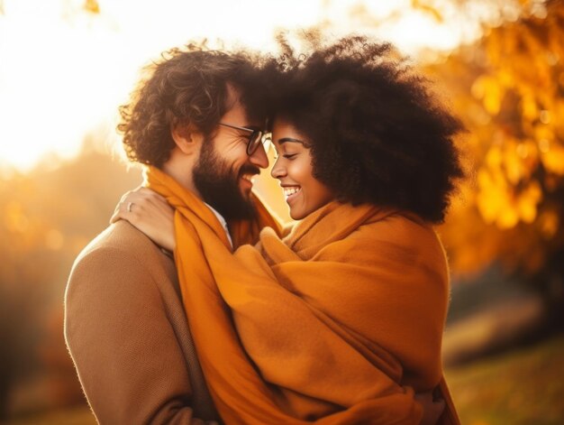 Photo un couple amoureux interracial profite d'une journée romantique d'automne