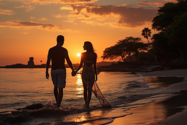 Couple amoureux marchant au coucher du soleil au bord de la mer IA générative