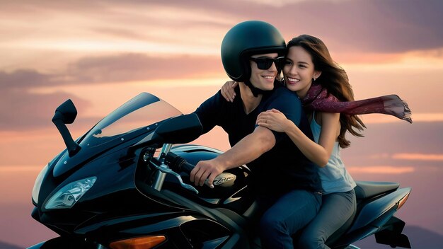 Photo un couple amoureux sur une moto.