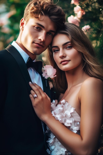 Un couple amoureux posant pour une photo devant un fond fleuri rose.
