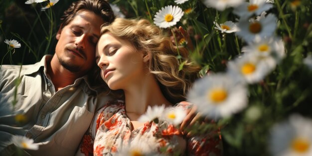 couple amoureux sur le pré de fleurs IA générative