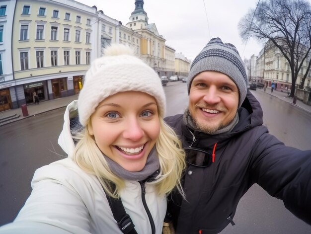 Un couple amoureux profite d'une journée romantique d'hiver