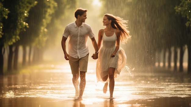 Un couple amoureux qui court sous la pluie.