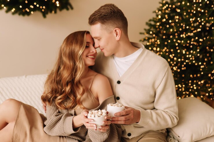 Photo un couple d'amoureux qui s'embrassent et se détendent pendant les vacances de noël dans l'intérieur décoré de l'arbre de noël de la maison