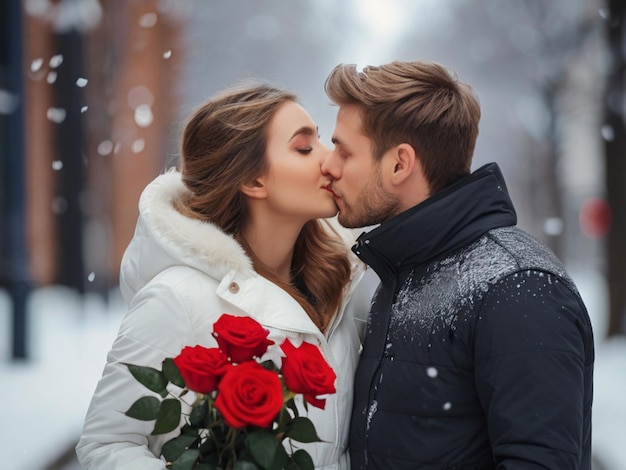 Un couple amoureux s'embrasse dans la neige de la ville.