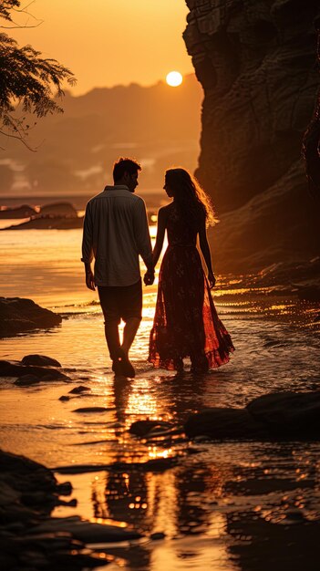 un couple amoureux se promène dans l'eau au coucher du soleil